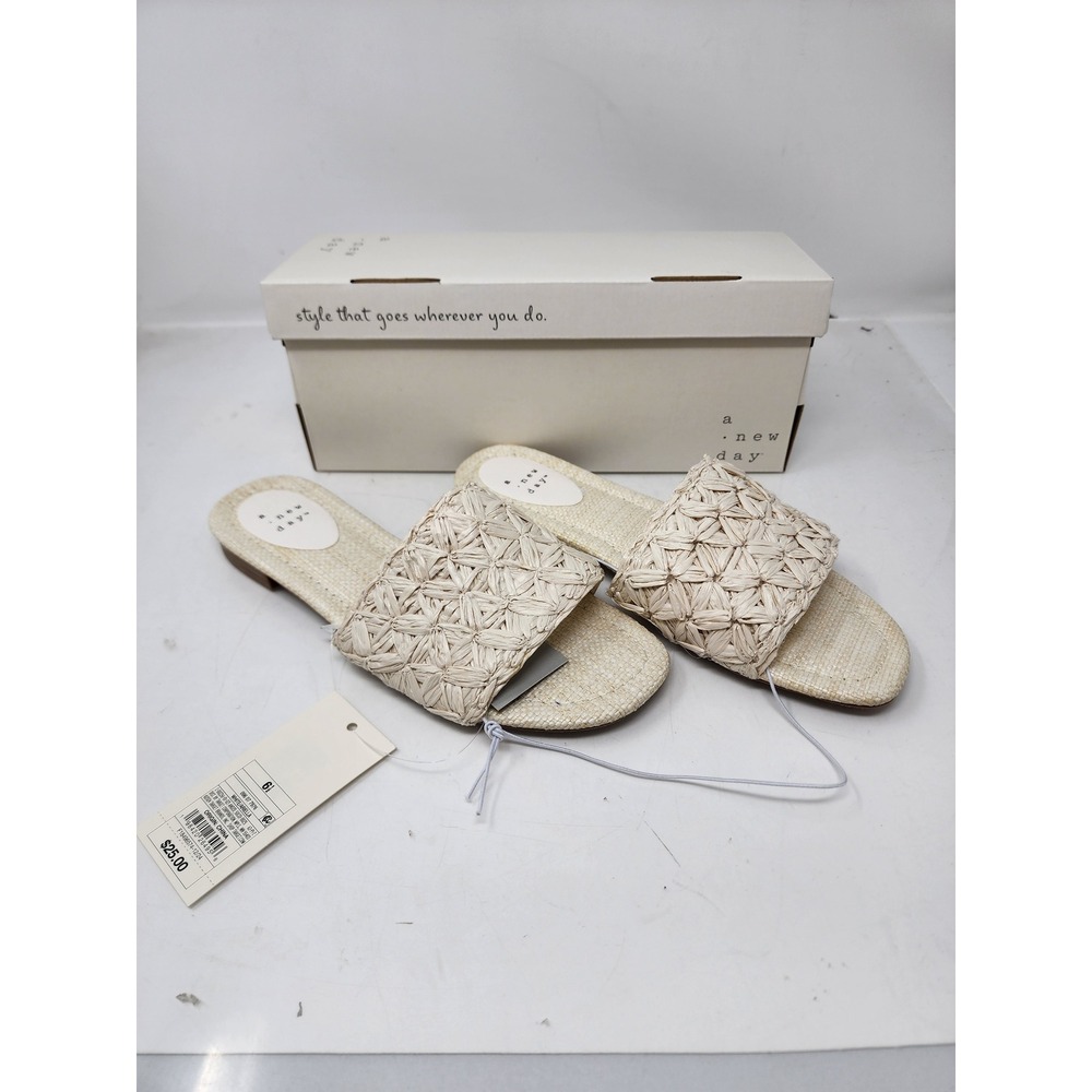 A New Day Womens Ariella Slide Sandals White Raffia Casual Size 6.5